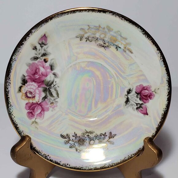 Opalescent Teacup and Saucer Pink Roses Vintage - Picture 5 of 8